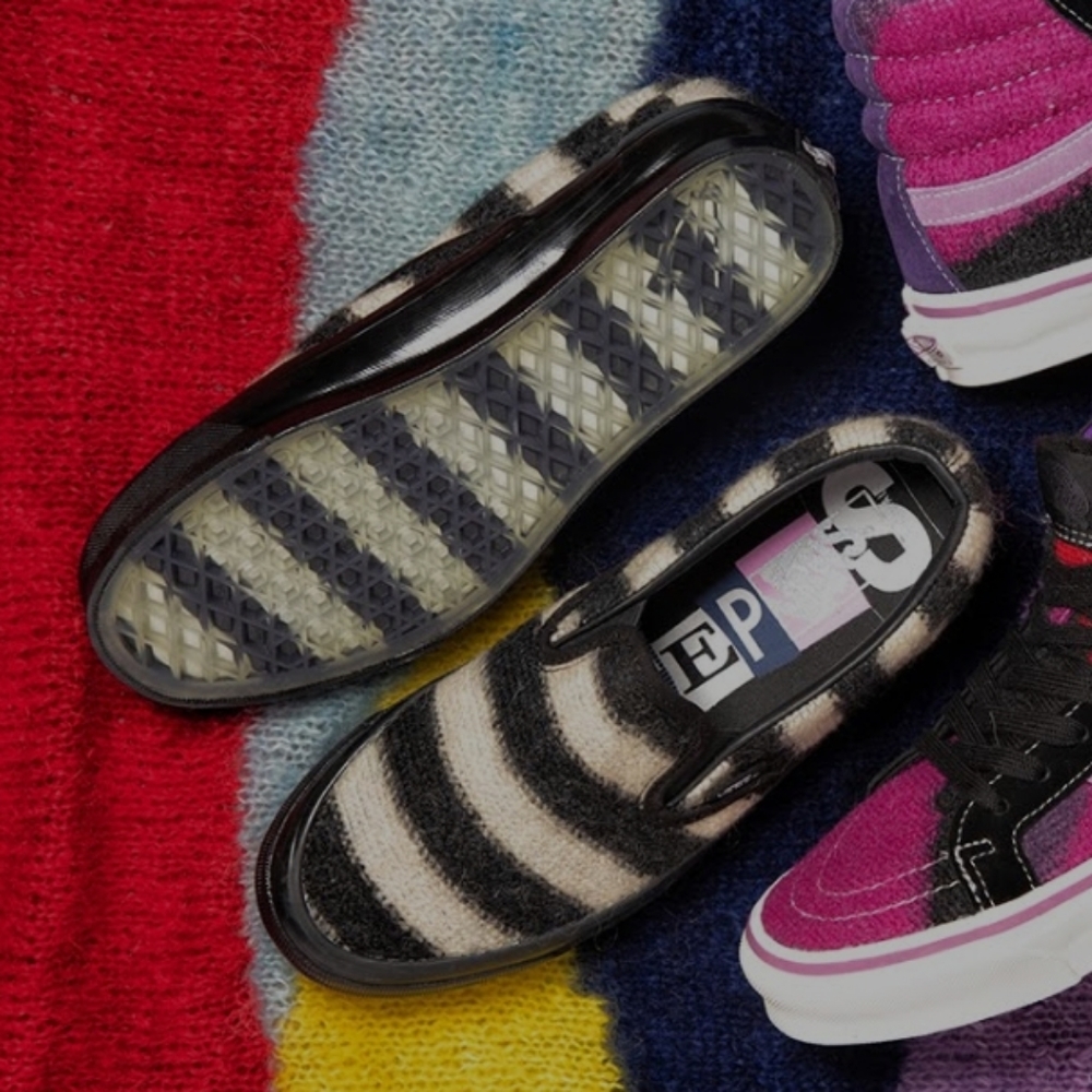 Rare - 7.5 Concepts x Vans “King’s Road” mohair striped 1970s 1980s slip on